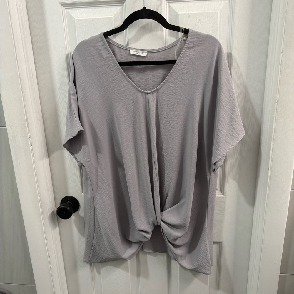 Relaxed Twist-Front V-Neck Blouse in Light Gray